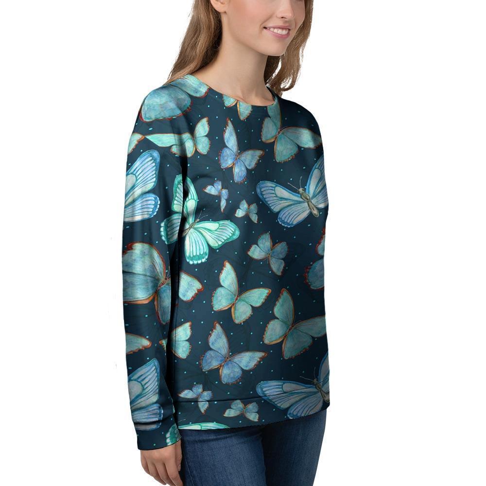 Turquoise Butterfly Print Women's Sweatshirt-grizzshop