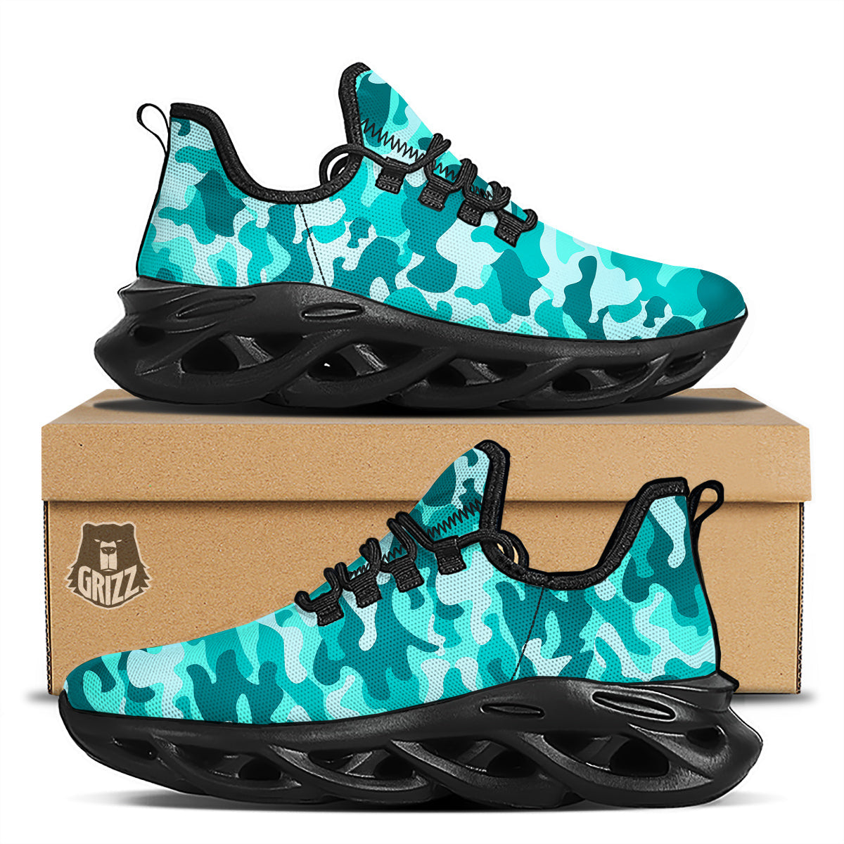 Turquoise Camo And Camouflage Print Black Running Shoes-grizzshop