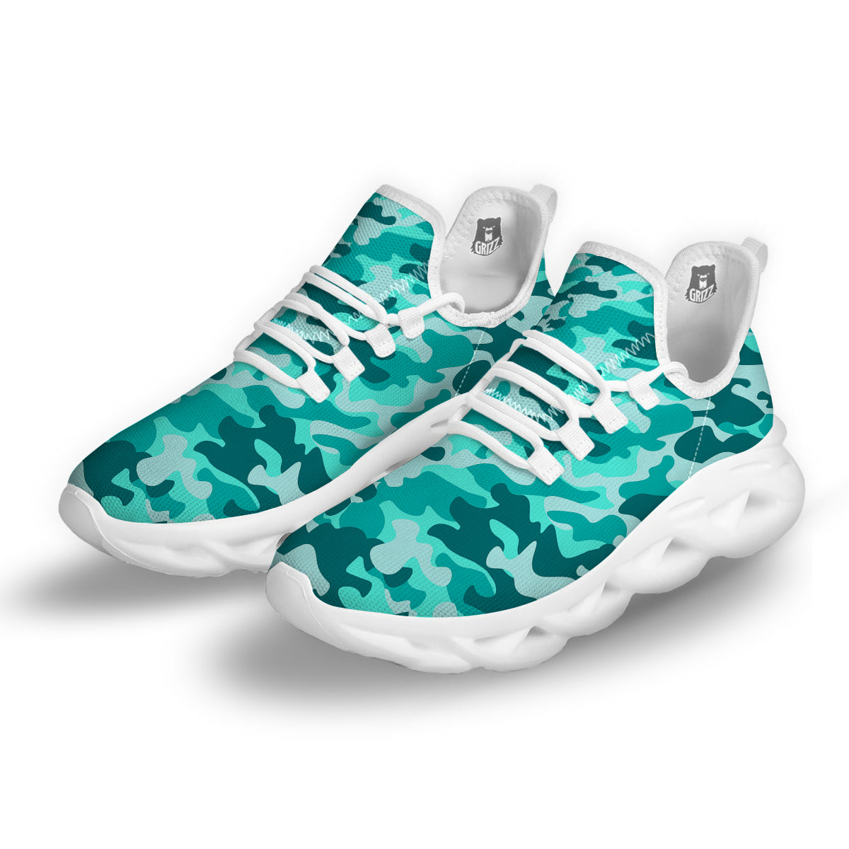 Turquoise Camo And Camouflage Print White Running Shoes-grizzshop