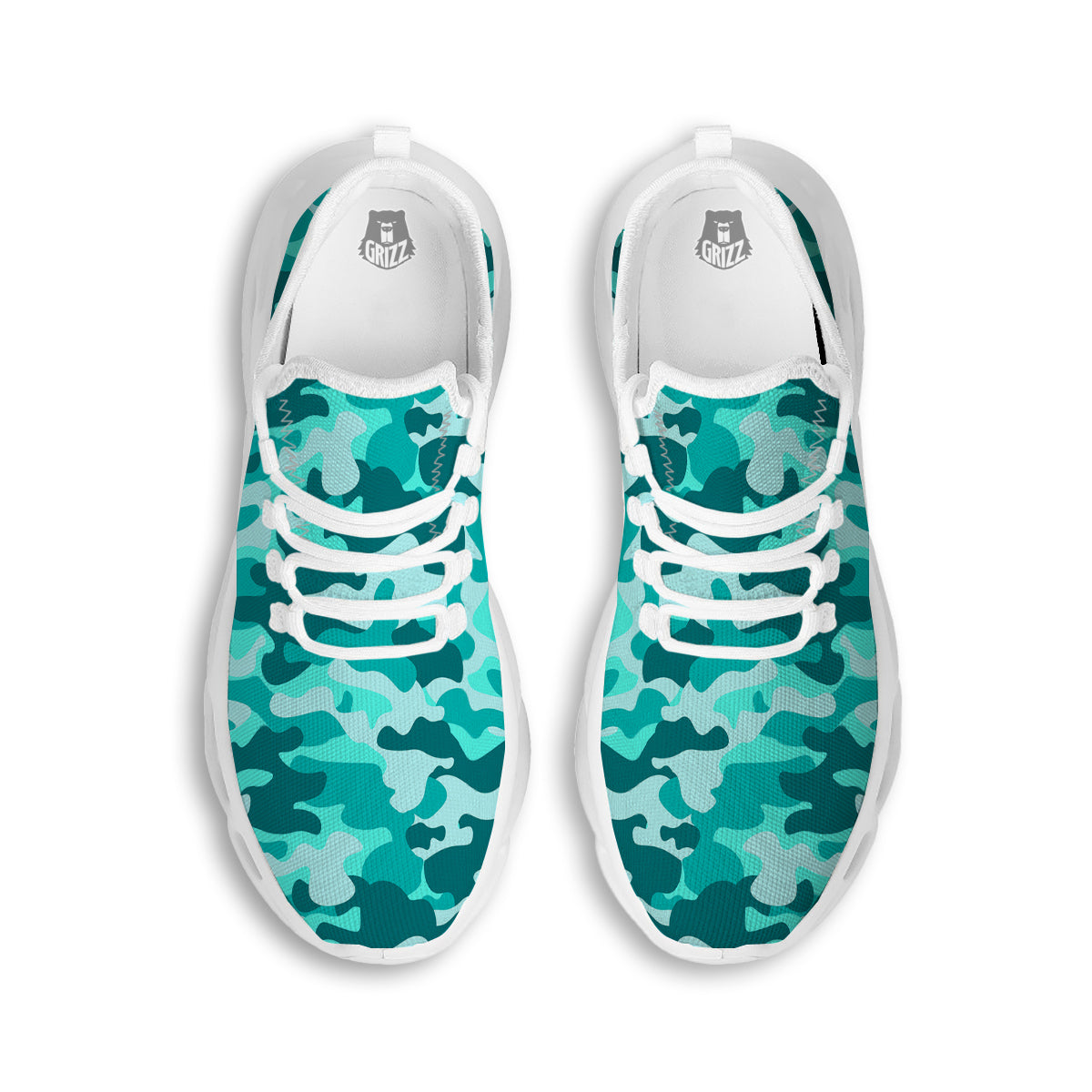 Turquoise Camo And Camouflage Print White Running Shoes-grizzshop