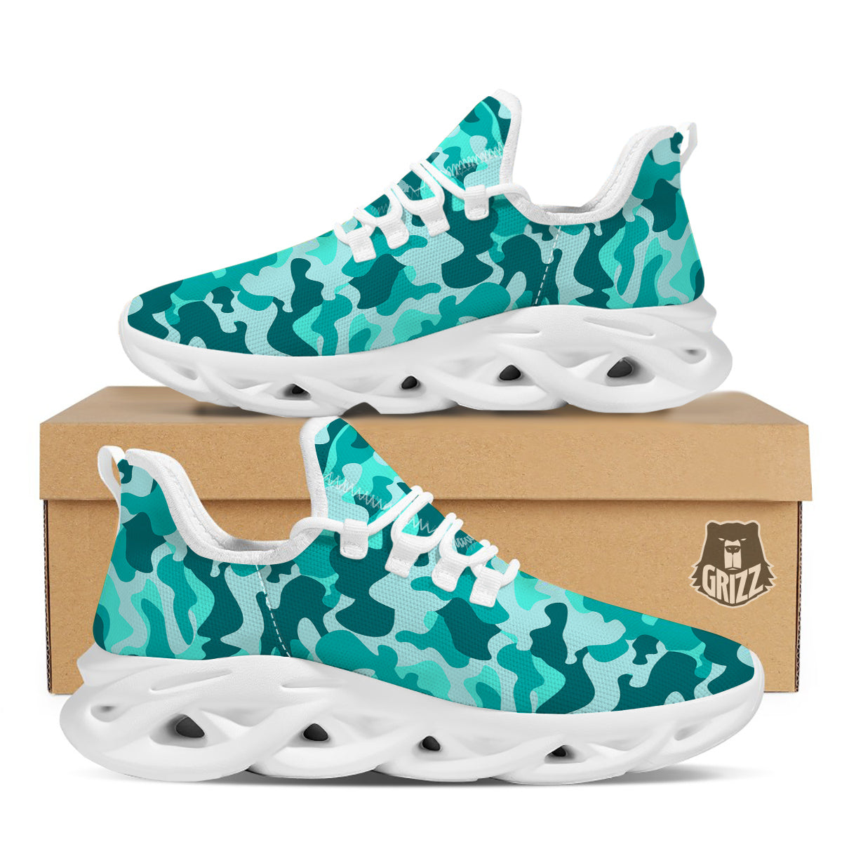 Turquoise Camo And Camouflage Print White Running Shoes-grizzshop
