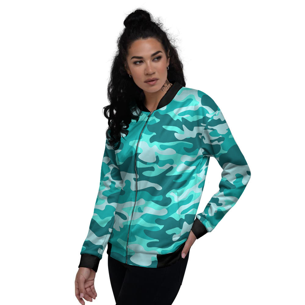 Turquoise Camo And Camouflage Print Women's Bomber Jacket-grizzshop