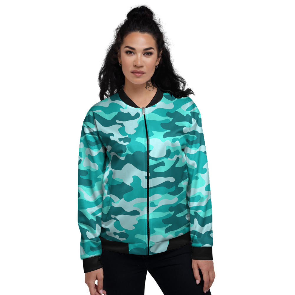 Turquoise Camo And Camouflage Print Women's Bomber Jacket-grizzshop