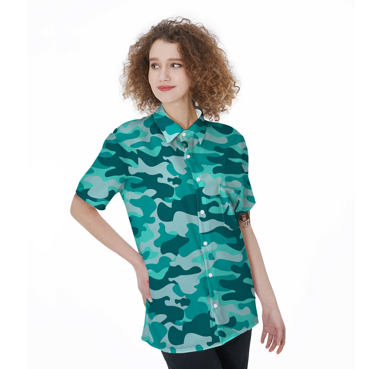 Turquoise Camo And Camouflage Print Women's Short Sleeve Shirts-grizzshop