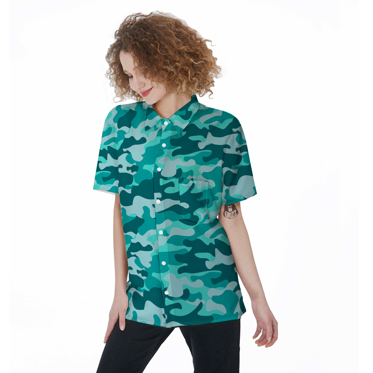 Turquoise Camo And Camouflage Print Women's Short Sleeve Shirts-grizzshop