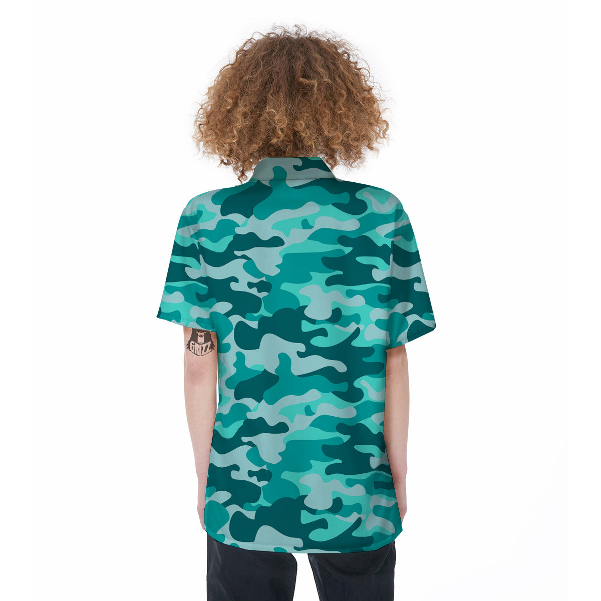 Turquoise Camo And Camouflage Print Women's Short Sleeve Shirts-grizzshop
