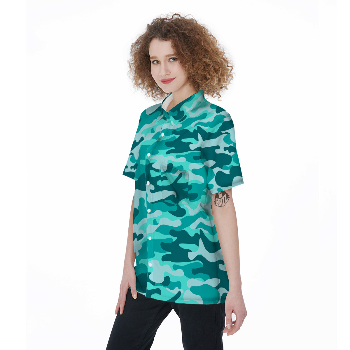 Turquoise Camo And Camouflage Print Women's Short Sleeve Shirts-grizzshop