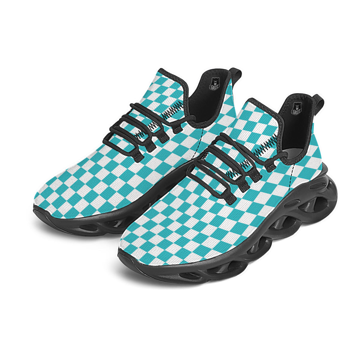 Turquoise Checkered Flag Print Black Running Shoes-grizzshop