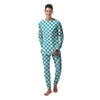 Turquoise Checkered Flag Print Men's Pajamas-grizzshop