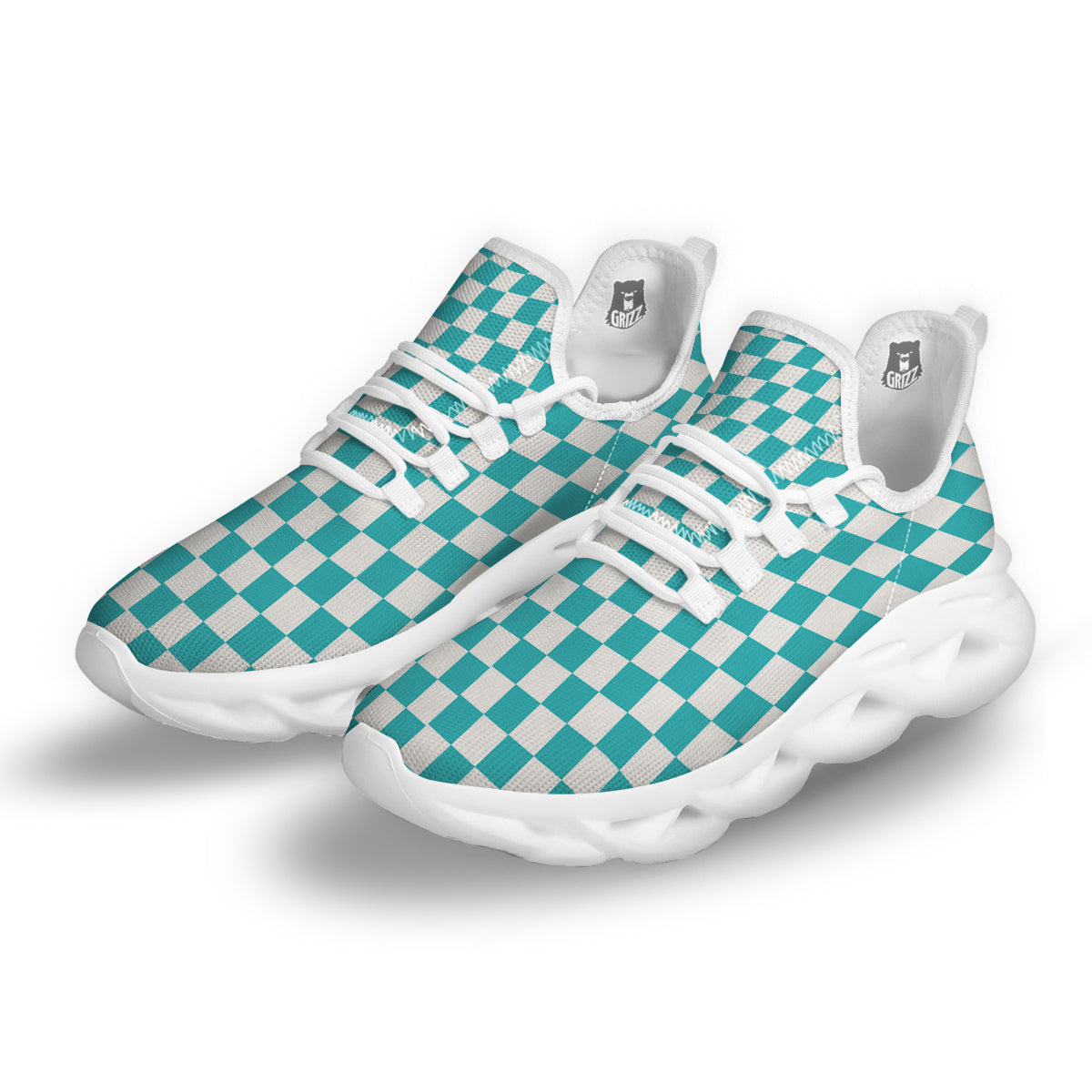 Turquoise Checkered Flag Print White Running Shoes-grizzshop