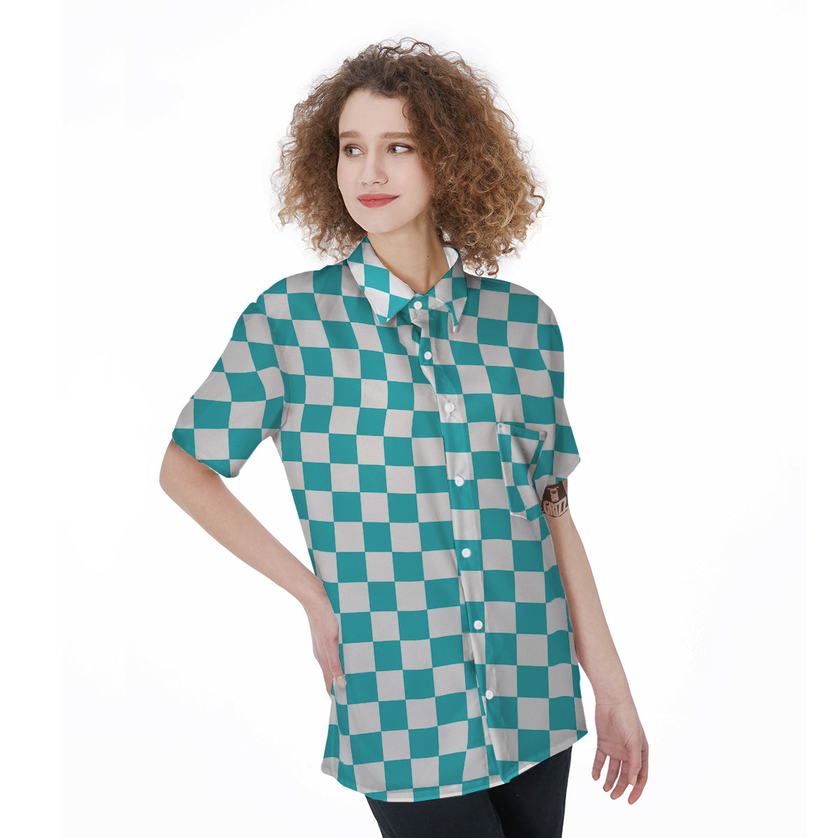 Turquoise Checkered Flag Print Women's Short Sleeve Shirts-grizzshop