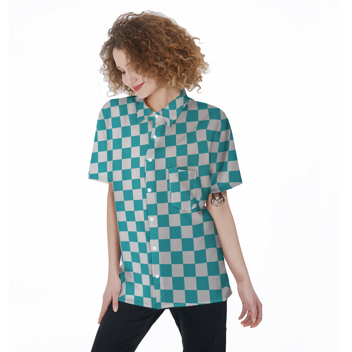 Turquoise Checkered Flag Print Women's Short Sleeve Shirts-grizzshop