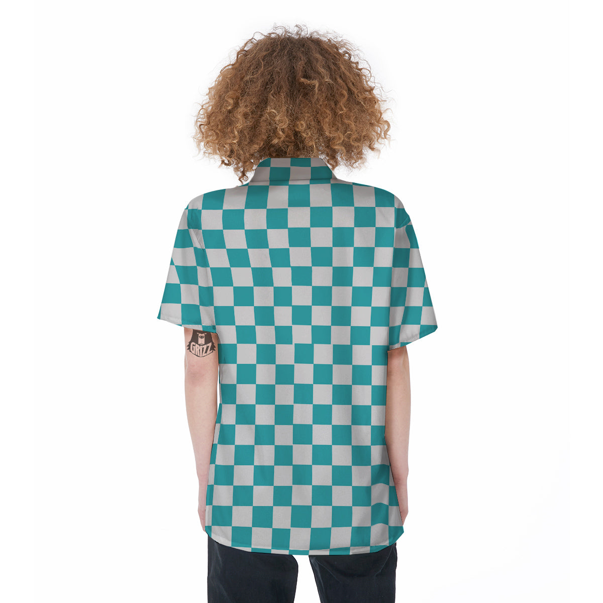 Turquoise Checkered Flag Print Women's Short Sleeve Shirts-grizzshop