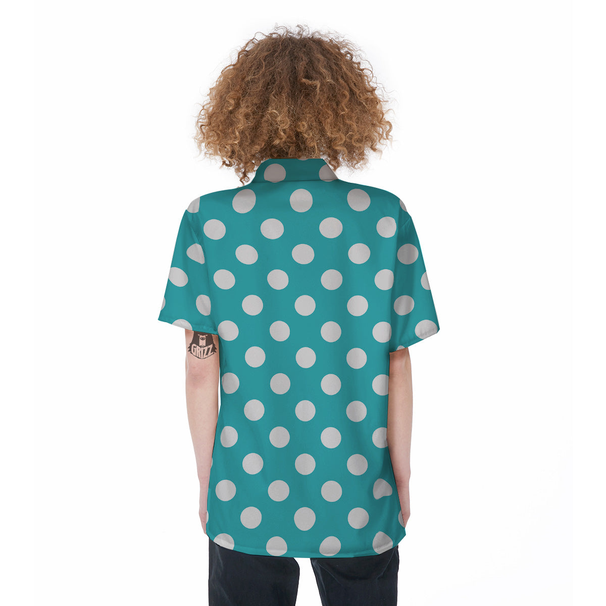 Turquoise Color Polka Dot Print Pattern Women's Short Sleeve Shirts-grizzshop