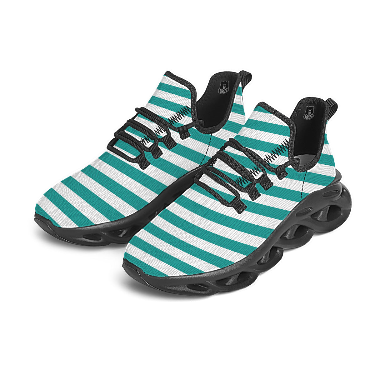 Turquoise Color Striped Print Black Running Shoes-grizzshop