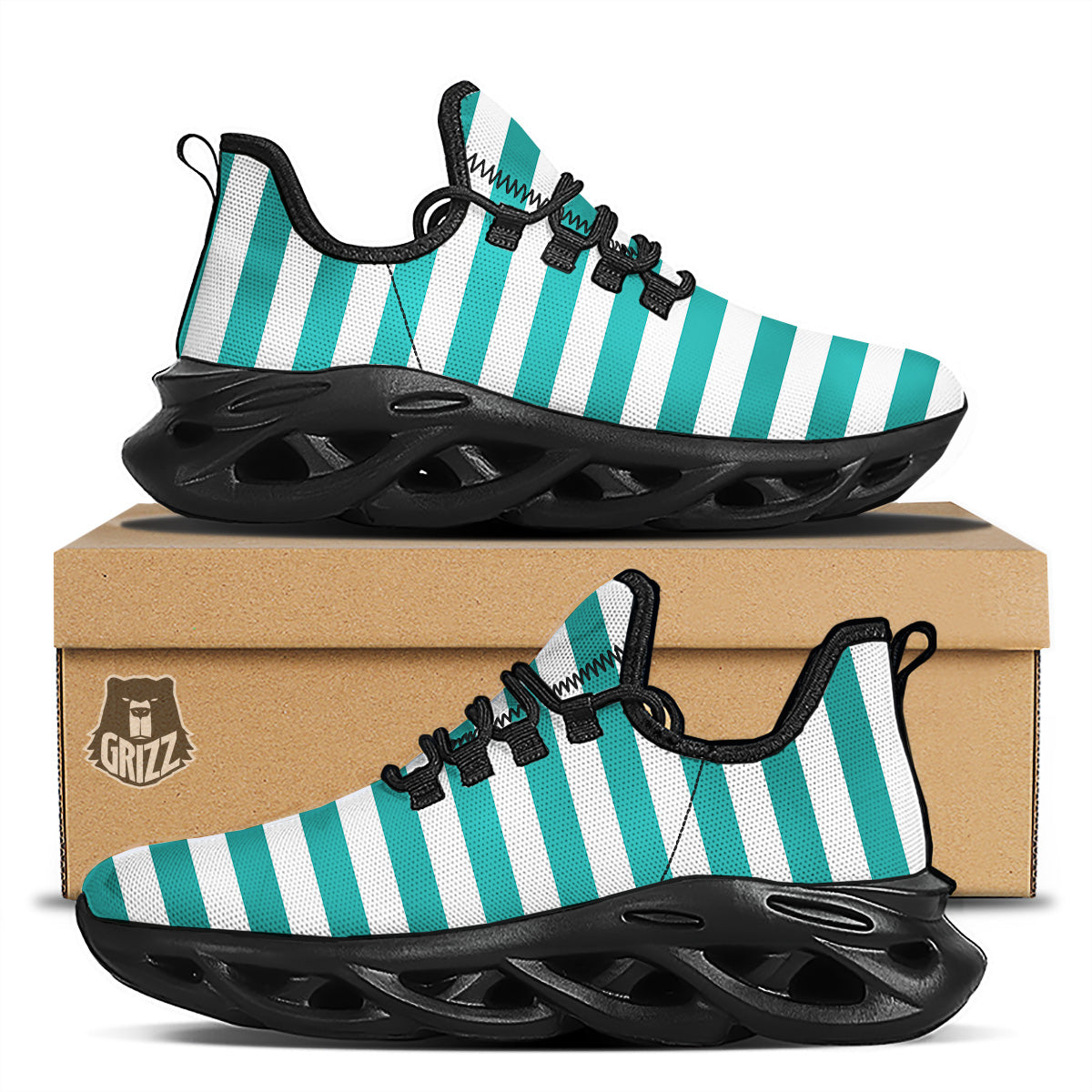 Turquoise Color Striped Print Black Running Shoes-grizzshop