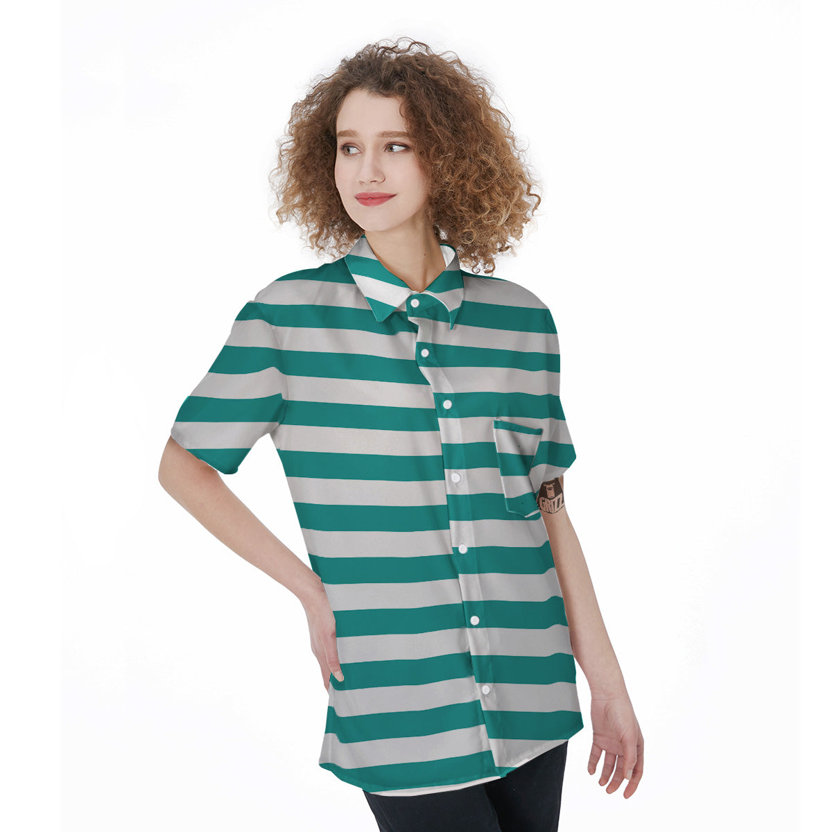 Turquoise Color Striped Print Women's Short Sleeve Shirts-grizzshop