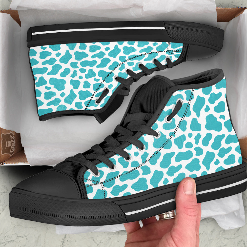Turquoise Cow Print Pattern Black High Top Shoes-grizzshop