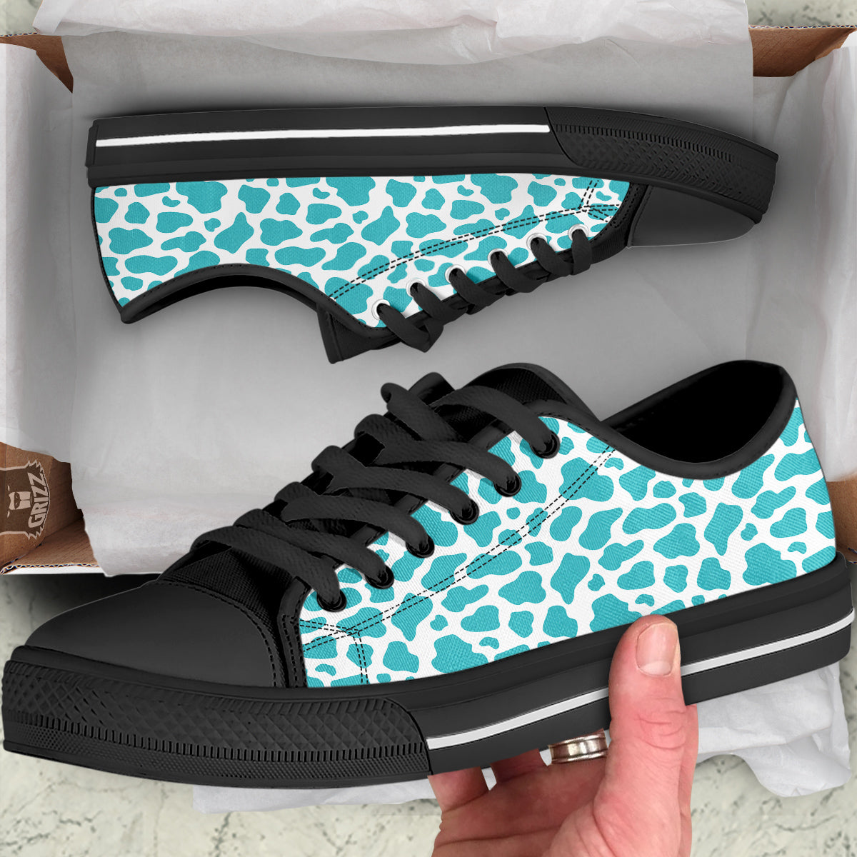 Turquoise Cow Print Pattern Black Low Top Shoes-grizzshop