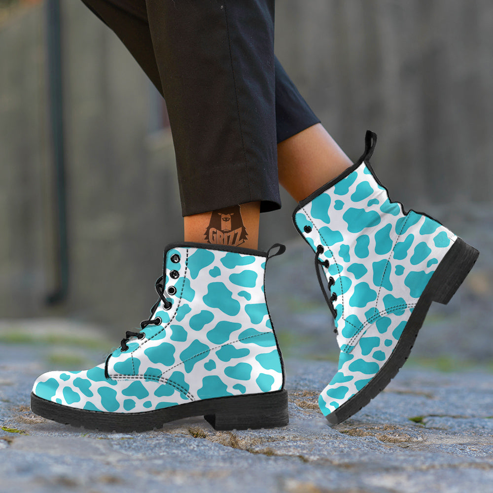 Turquoise Cow Print Pattern Leather Boots-grizzshop