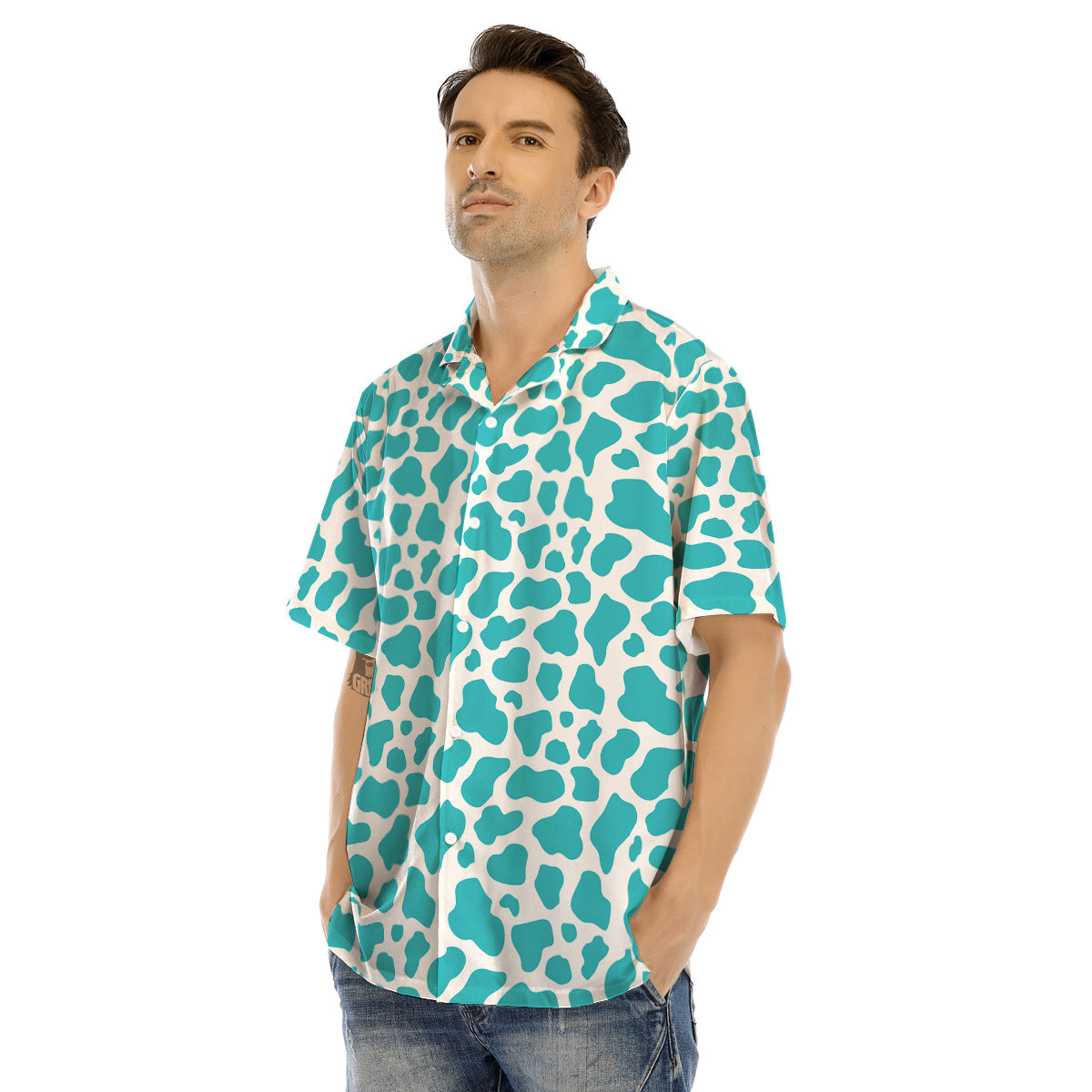 Turquoise Cow Print Pattern Men’s Hawaiian Shirt-grizzshop