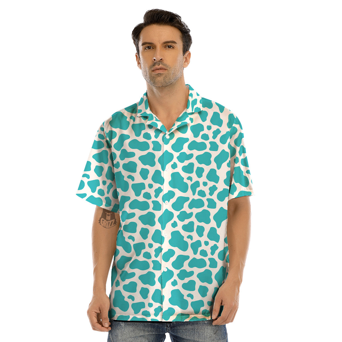 Turquoise Cow Print Pattern Men’s Hawaiian Shirt-grizzshop