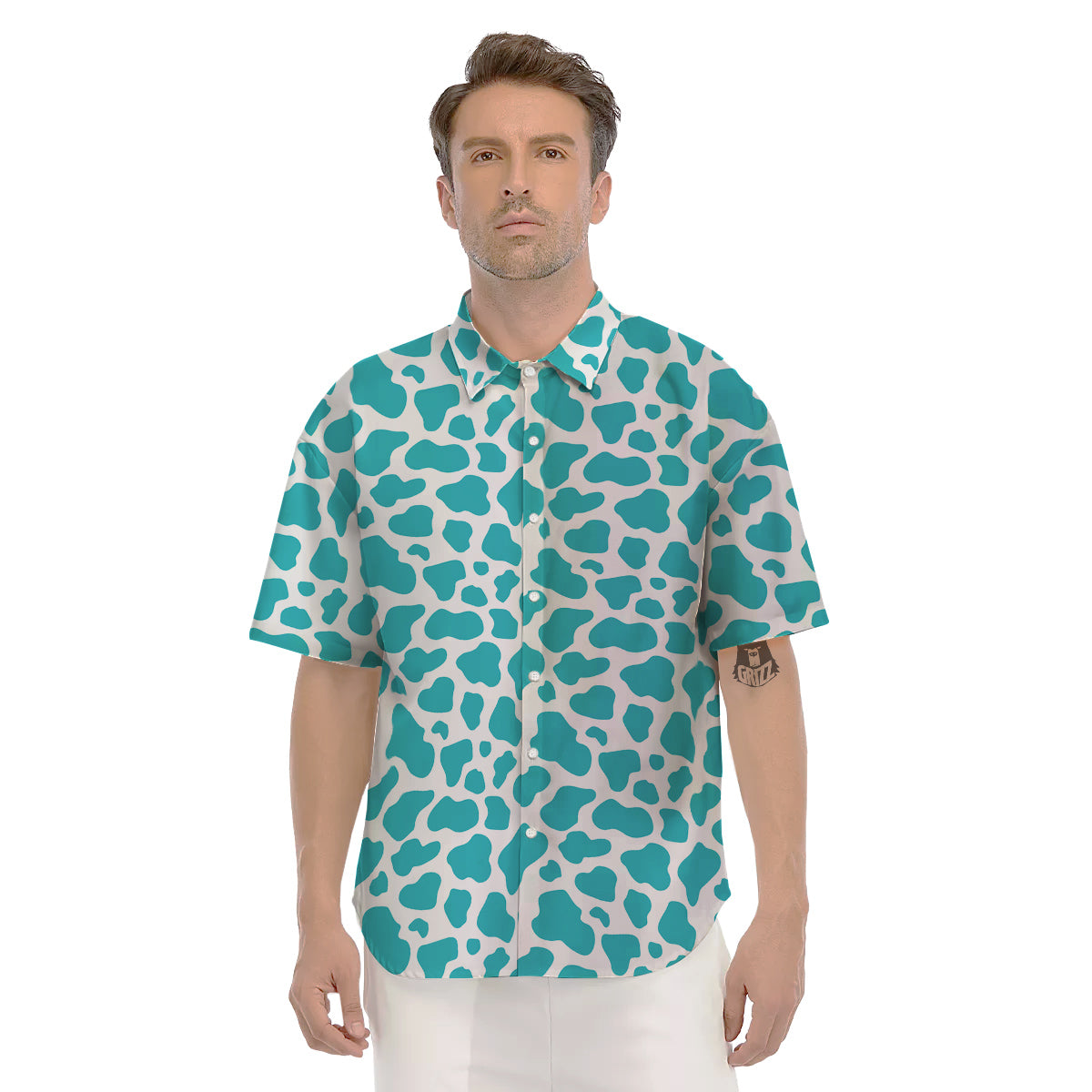 Turquoise Cow Print Pattern Men's Short Sleeve Shirts-grizzshop