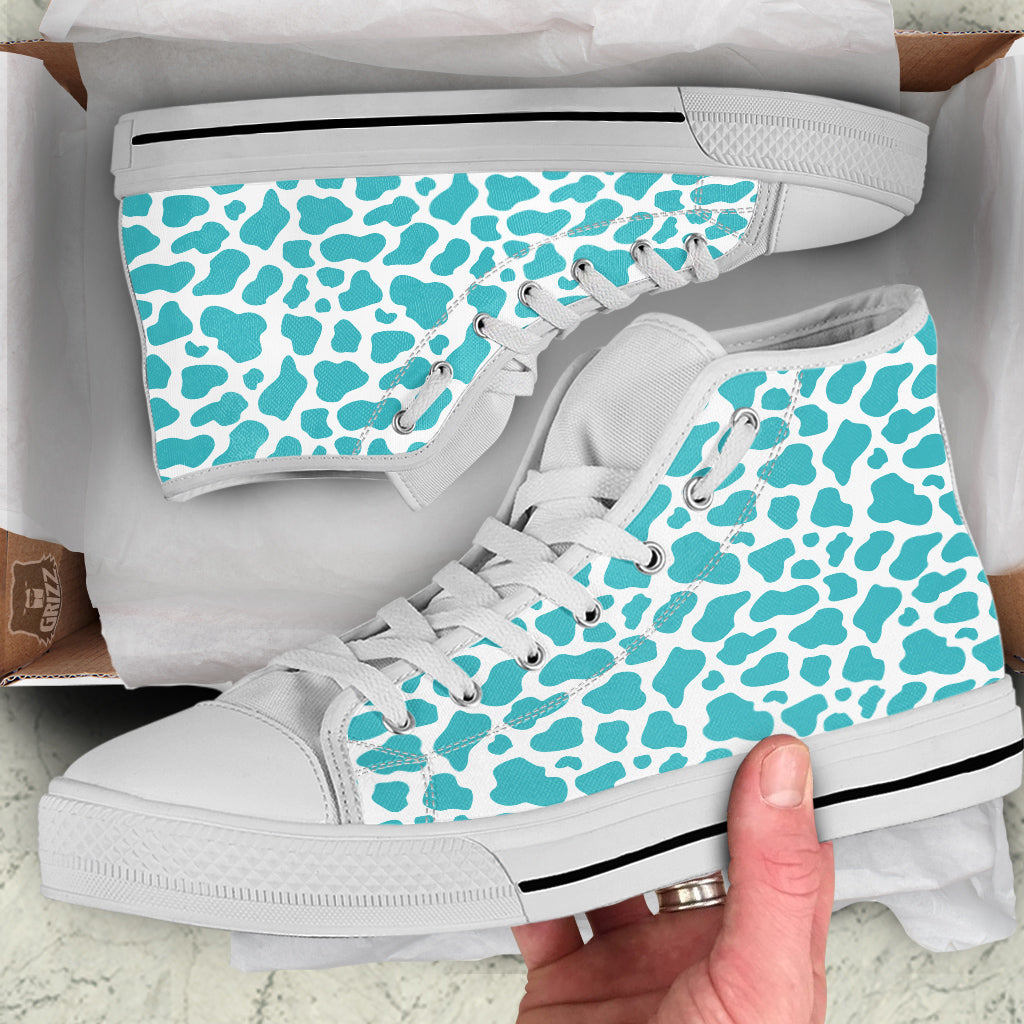 Turquoise Cow Print Pattern White High Top Shoes-grizzshop