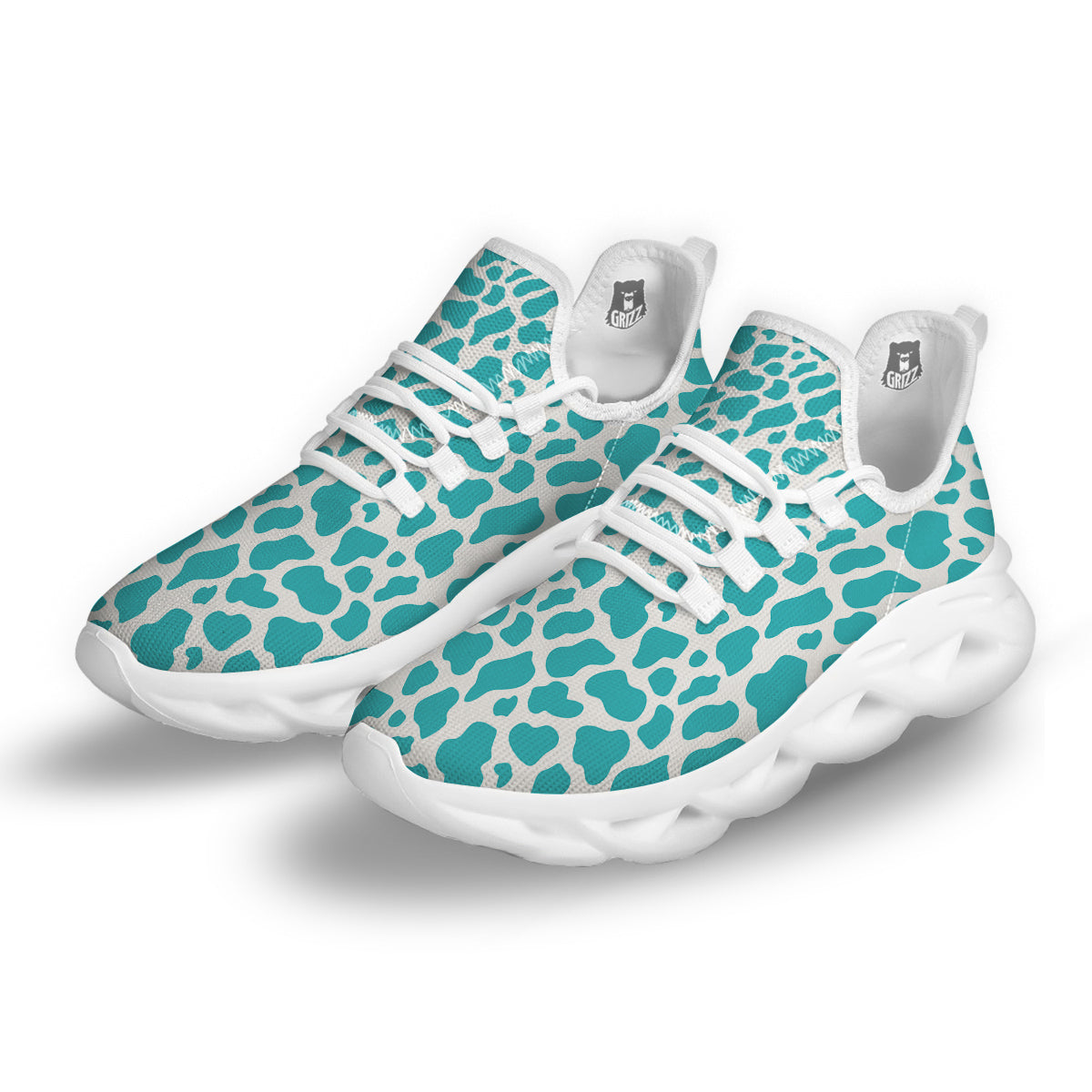 Turquoise Cow Print Pattern White Running Shoes-grizzshop