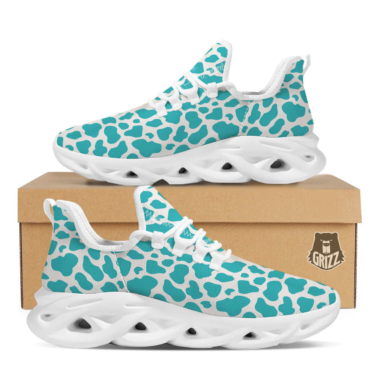 Turquoise Cow Print Pattern White Running Shoes-grizzshop