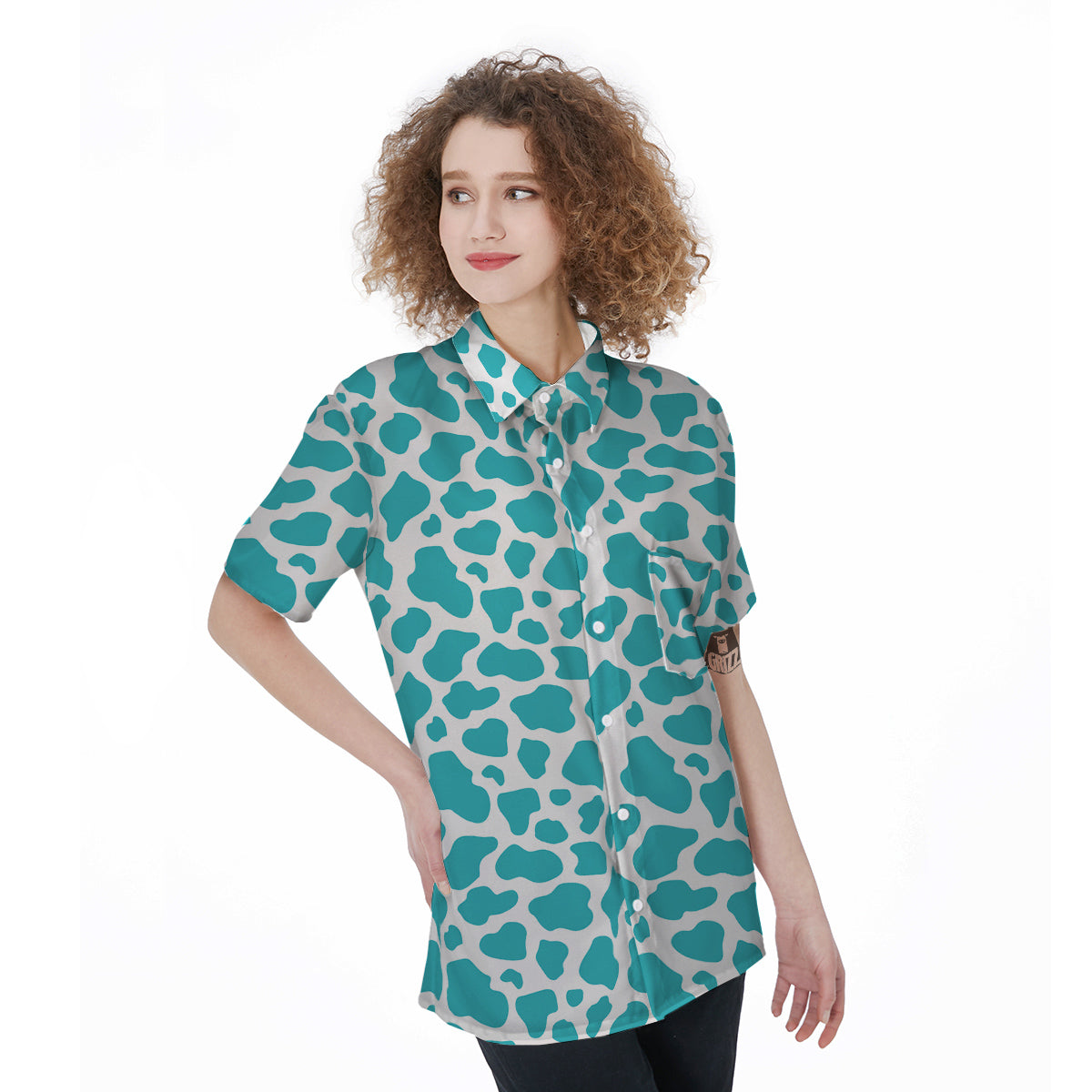 Turquoise Cow Print Pattern Women's Short Sleeve Shirts-grizzshop