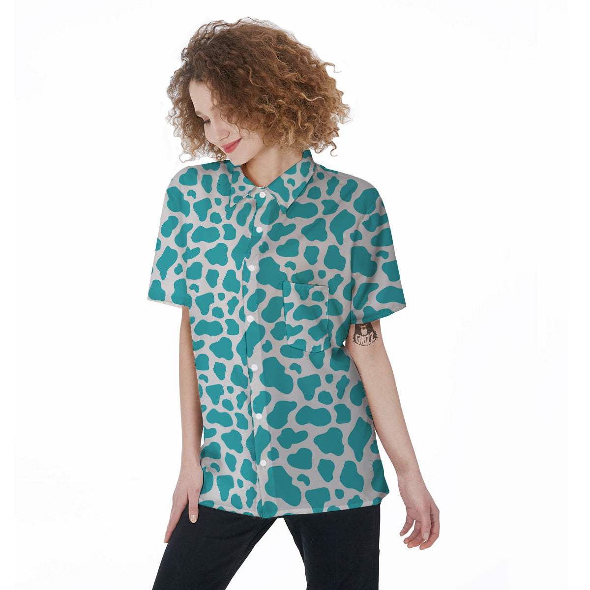Turquoise Cow Print Pattern Women's Short Sleeve Shirts-grizzshop