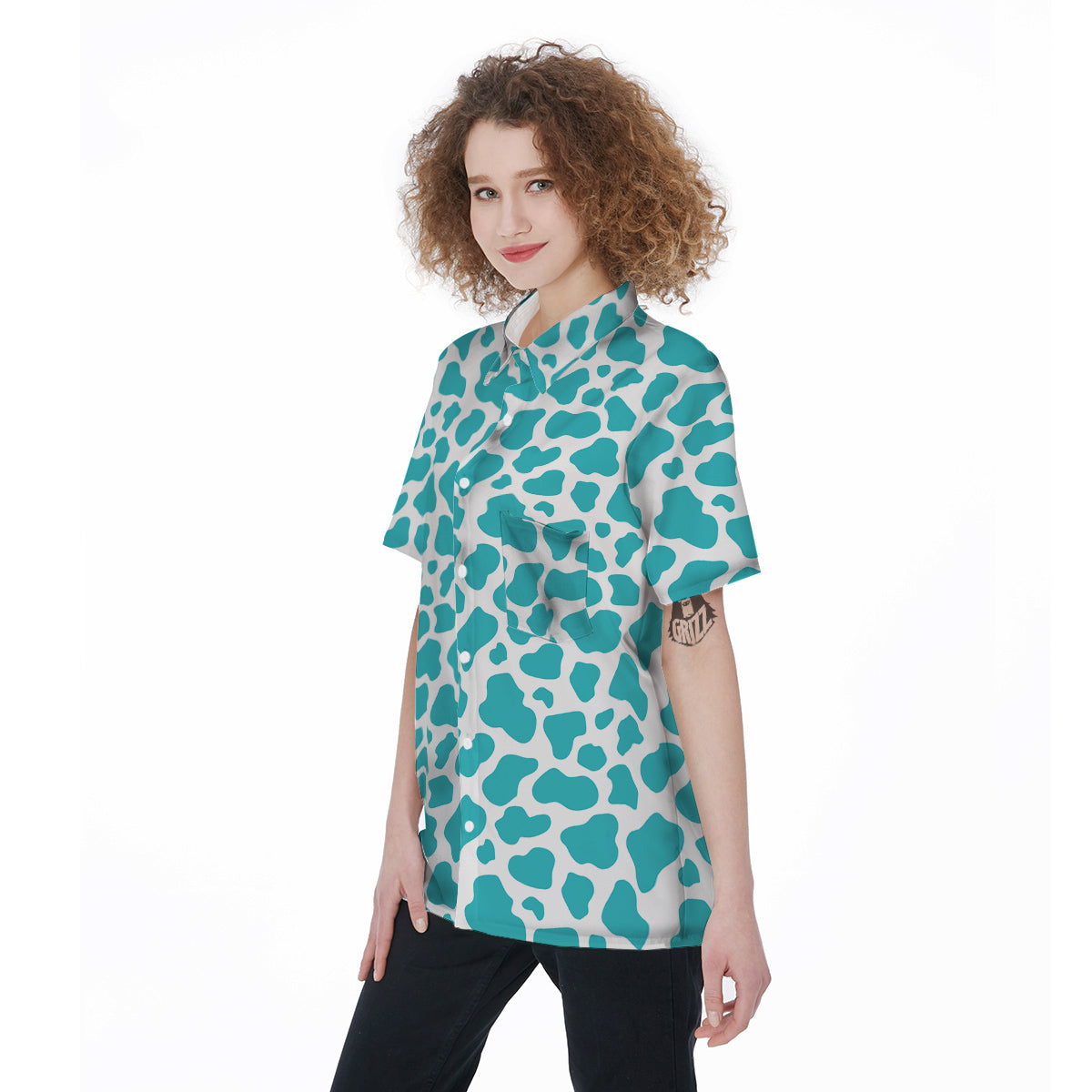 Turquoise Cow Print Pattern Women's Short Sleeve Shirts-grizzshop
