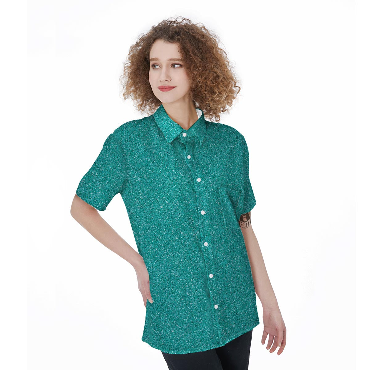 Turquoise Glitter Texture Print Women's Short Sleeve Shirts-grizzshop
