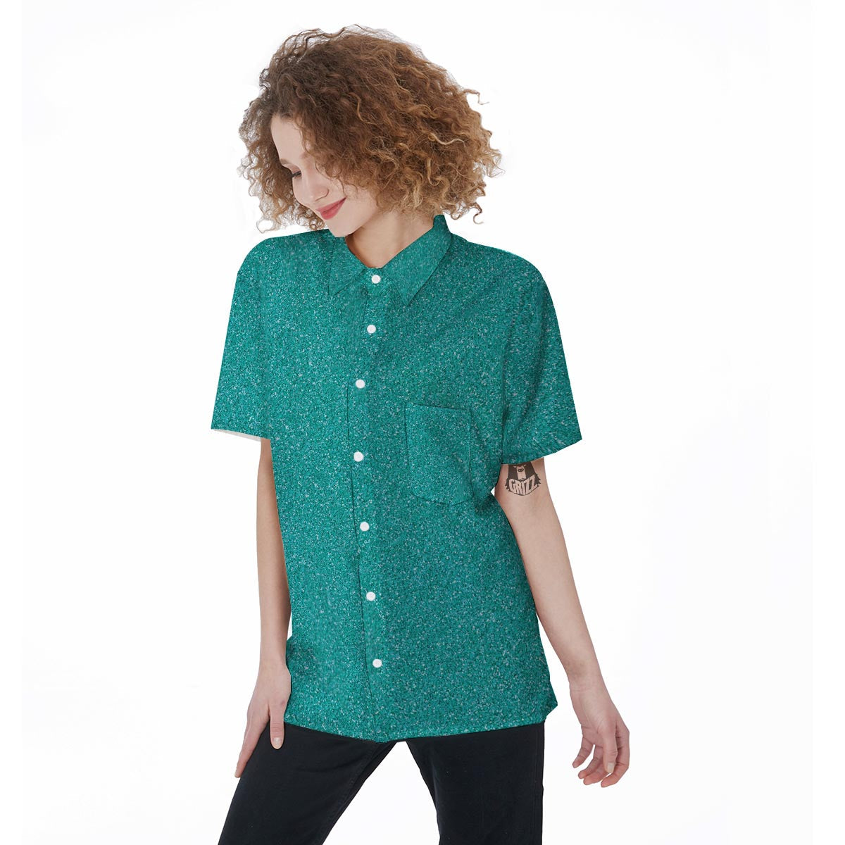 Turquoise Glitter Texture Print Women's Short Sleeve Shirts-grizzshop