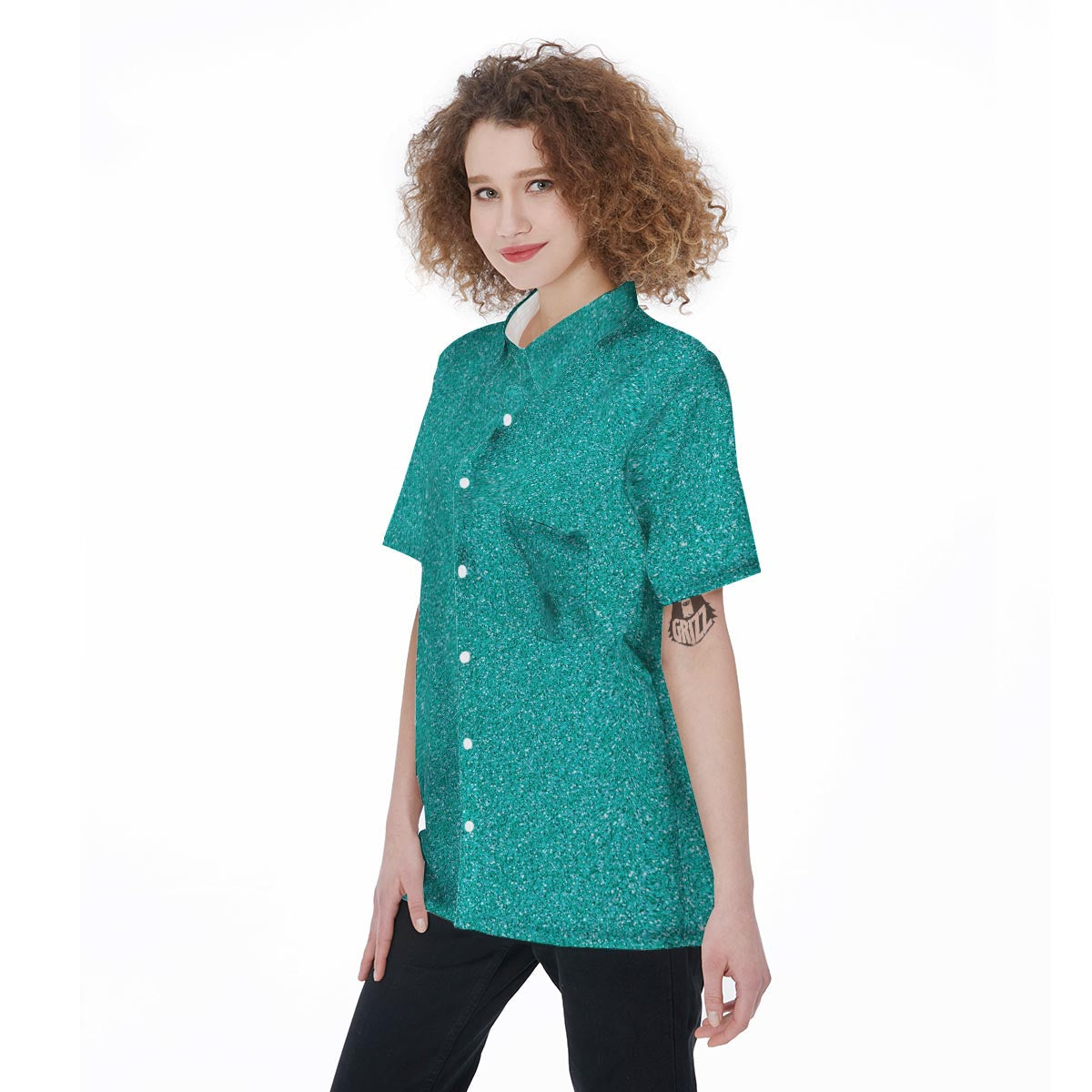 Turquoise Glitter Texture Print Women's Short Sleeve Shirts-grizzshop