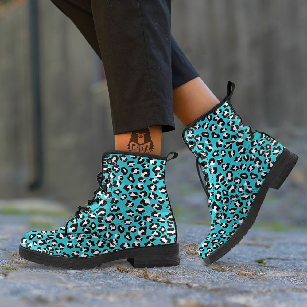 Turquoise Leopard Print Pattern Leather Boots-grizzshop