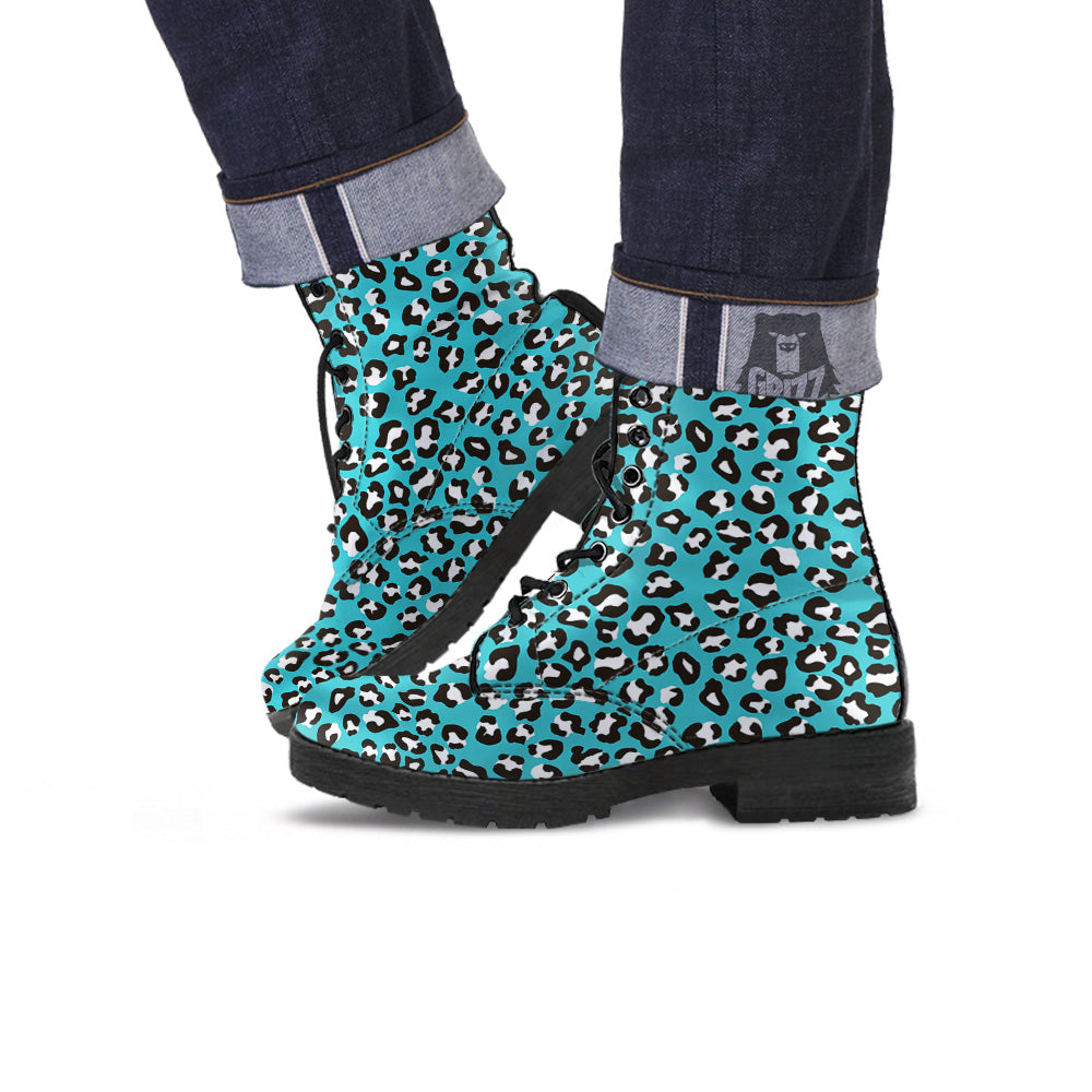 Turquoise Leopard Print Pattern Leather Boots-grizzshop