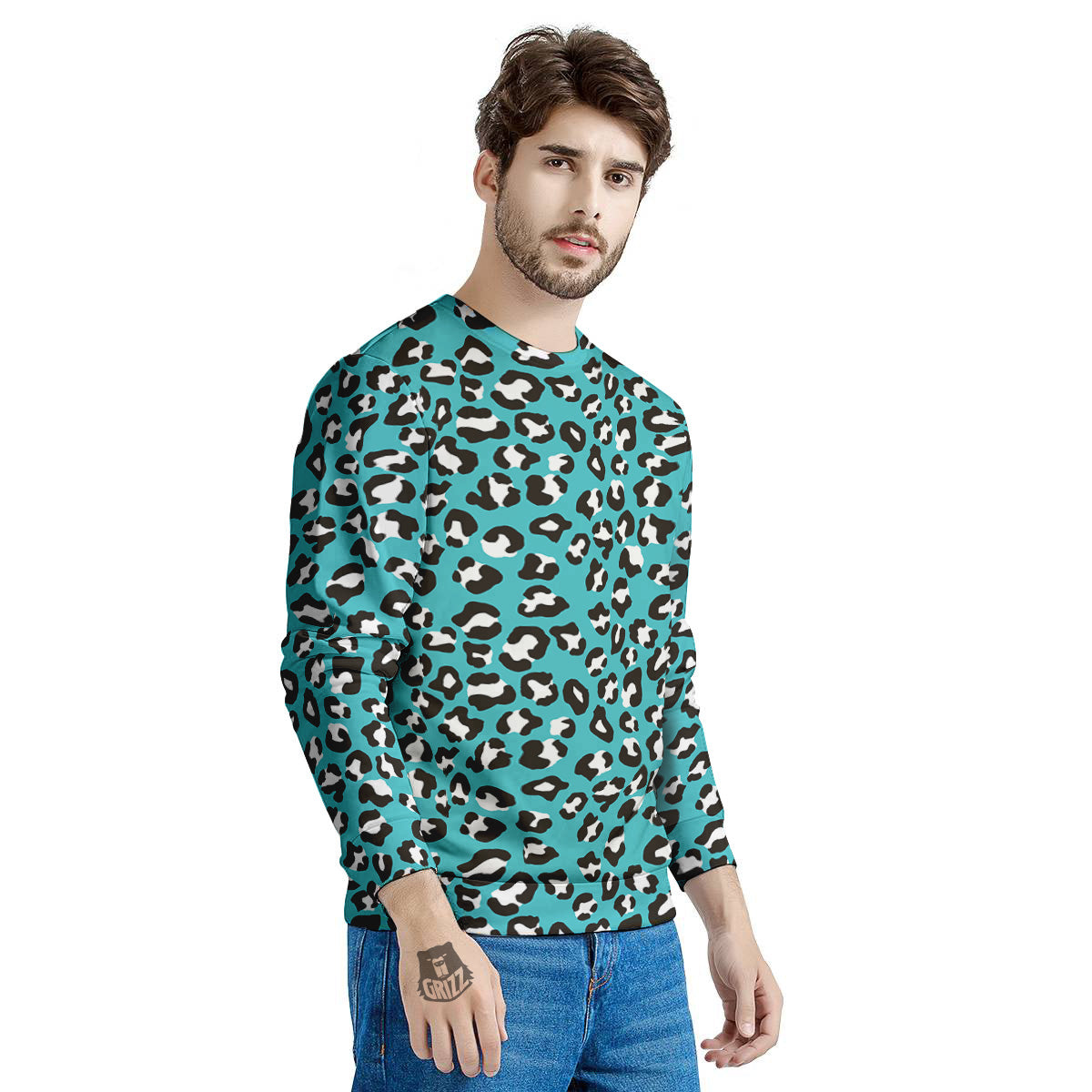 Turquoise Leopard Print Pattern Men's Sweatshirt-grizzshop