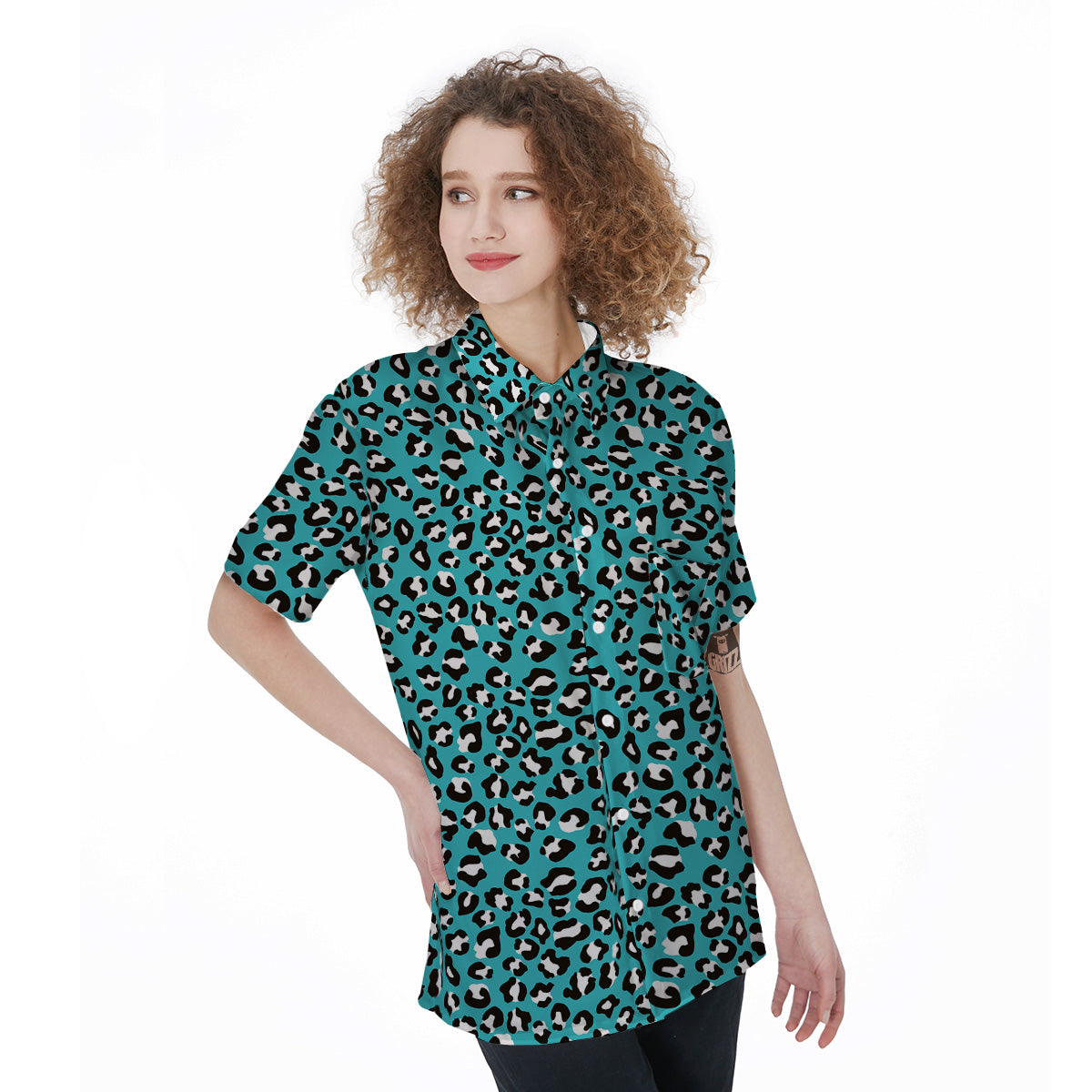 Turquoise Leopard Print Pattern Women's Short Sleeve Shirts-grizzshop
