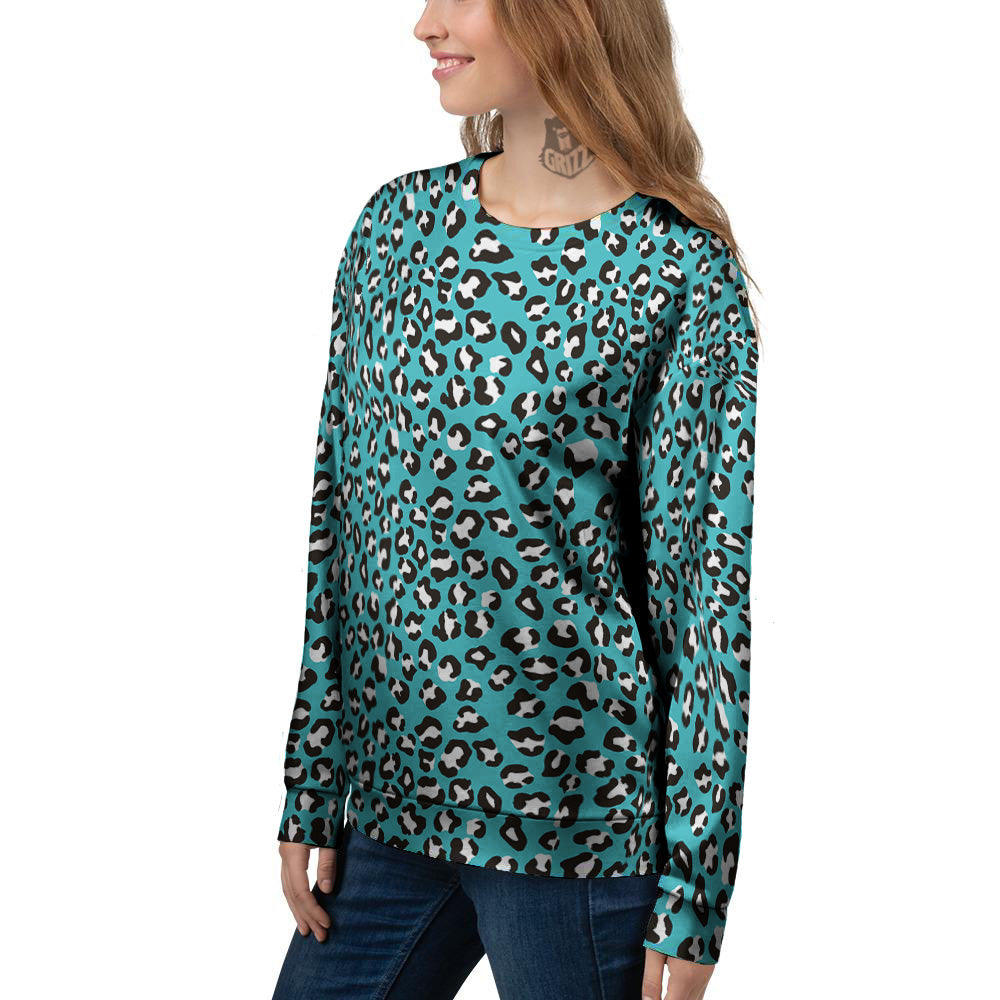 Turquoise Leopard Print Pattern Women's Sweatshirt-grizzshop