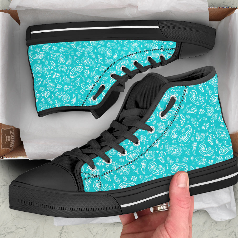 Turquoise Paisley Bandana Print Black High Top Shoes-grizzshop