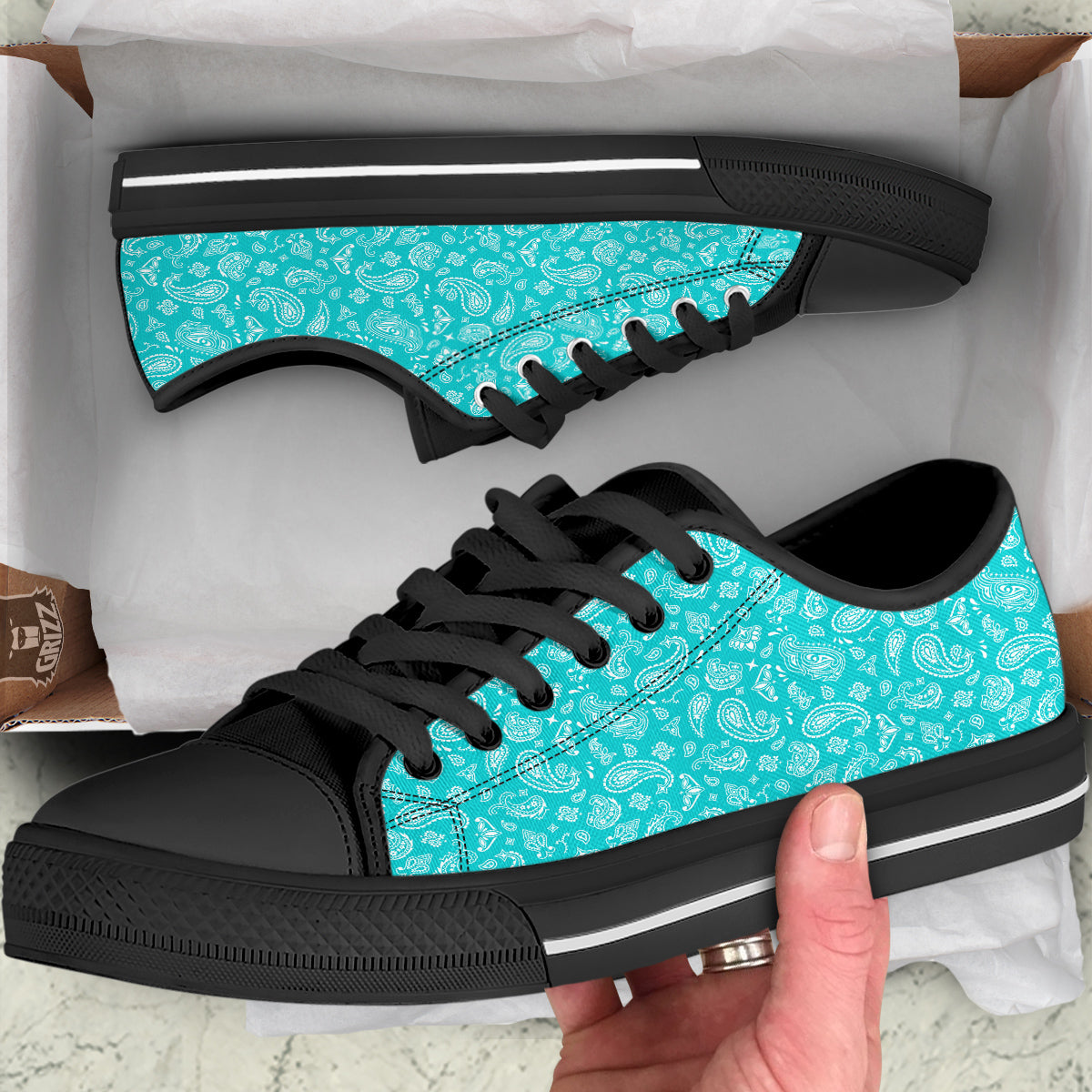 Turquoise Paisley Bandana Print Black Low Top Shoes-grizzshop