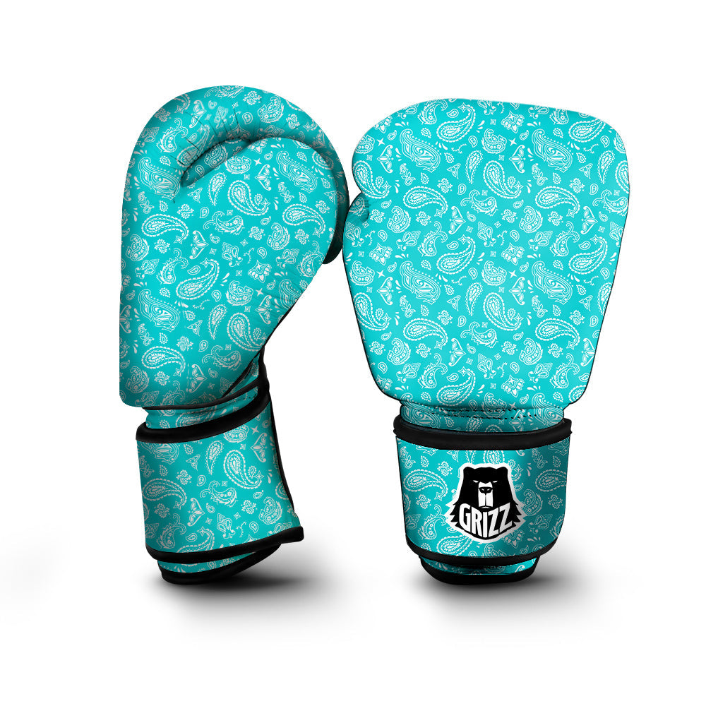 Turquoise Paisley Bandana Print Boxing Gloves-grizzshop