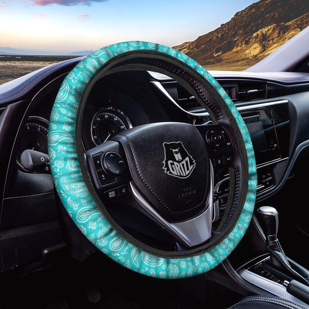 Turquoise Paisley Bandana Print Car Steering Wheel Cover-grizzshop