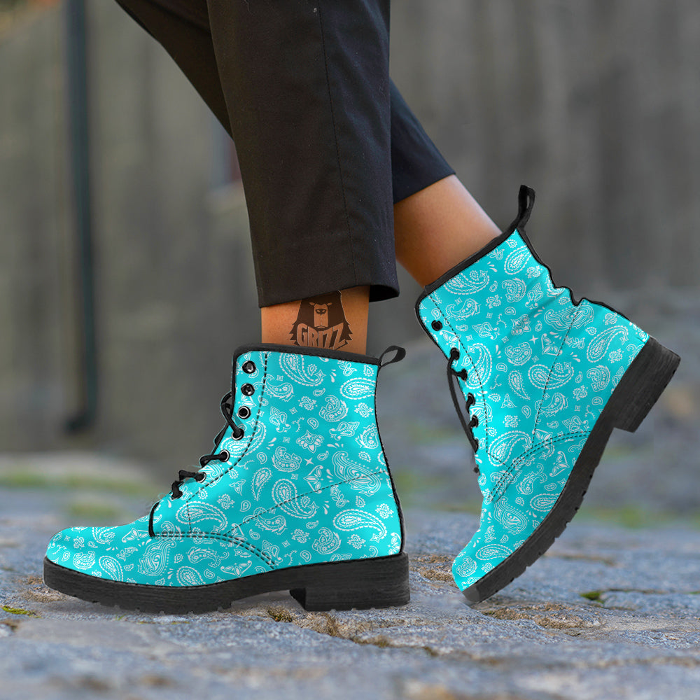 Turquoise Paisley Bandana Print Leather Boots-grizzshop