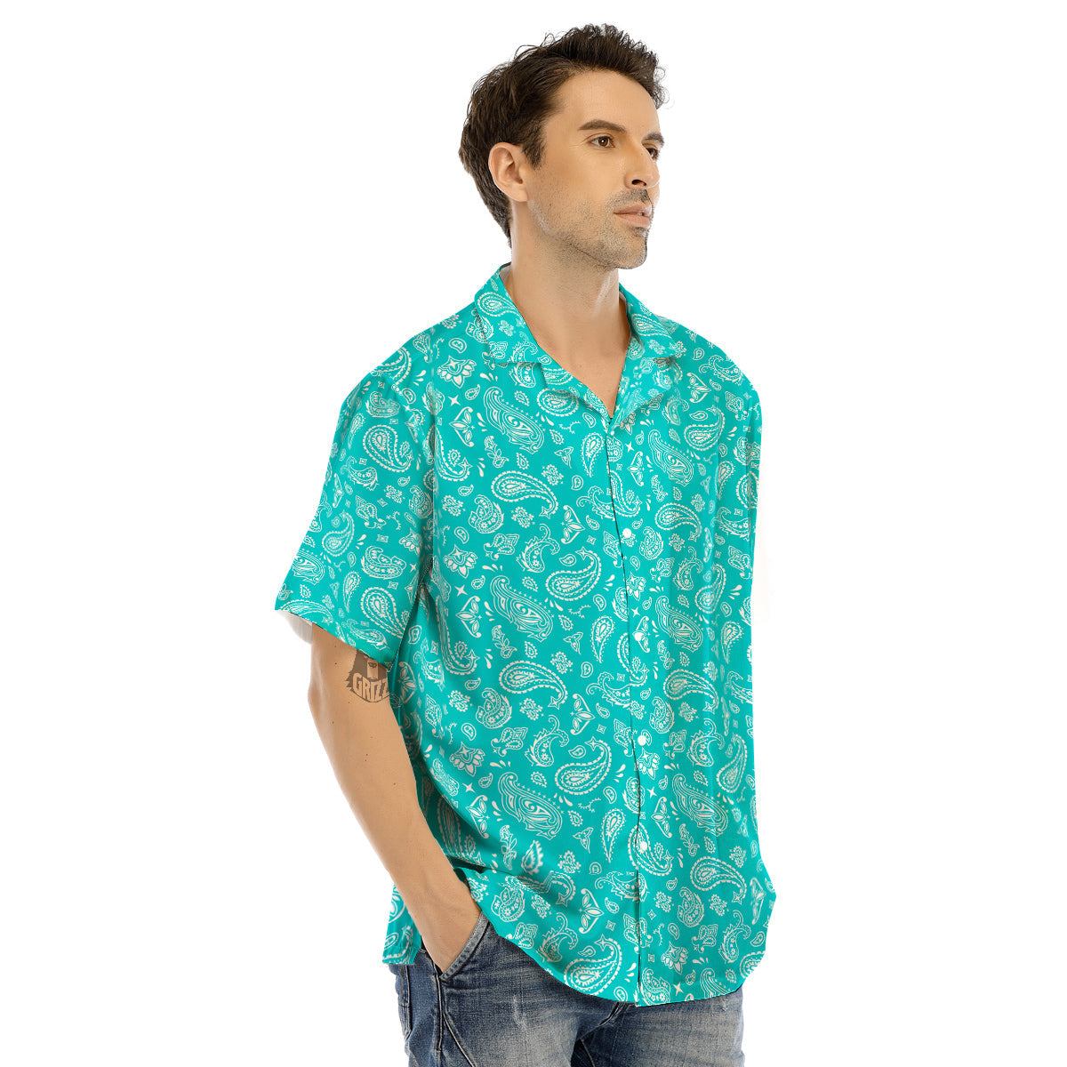 Turquoise Paisley Bandana Print Men’s Hawaiian Shirt-grizzshop