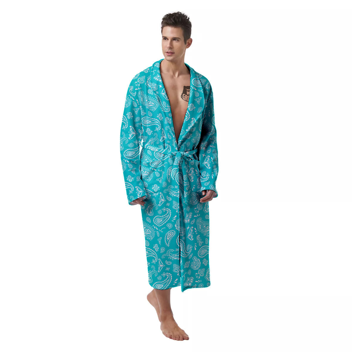 Turquoise Paisley Bandana Print Men's Robe-grizzshop