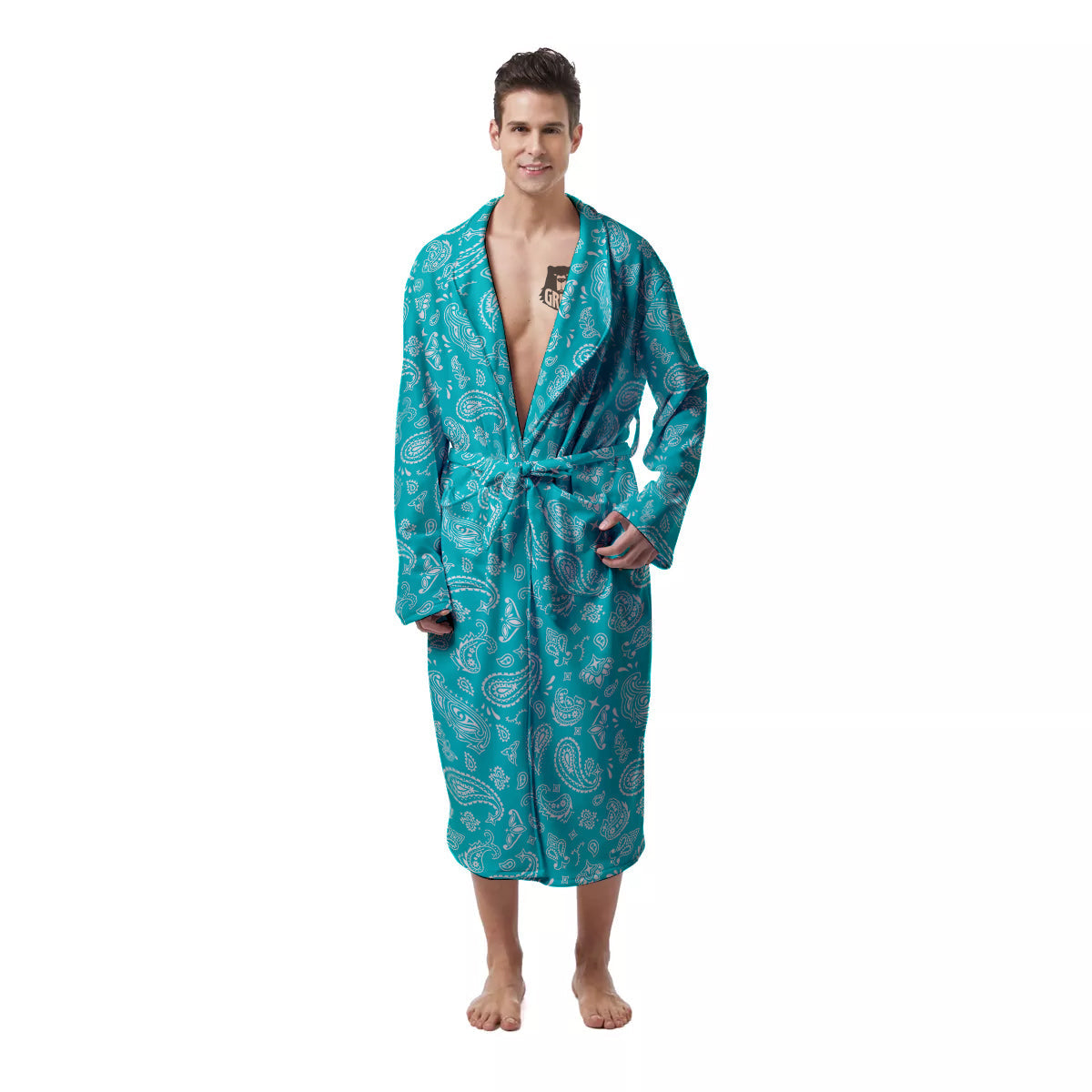 Turquoise Paisley Bandana Print Men's Robe-grizzshop