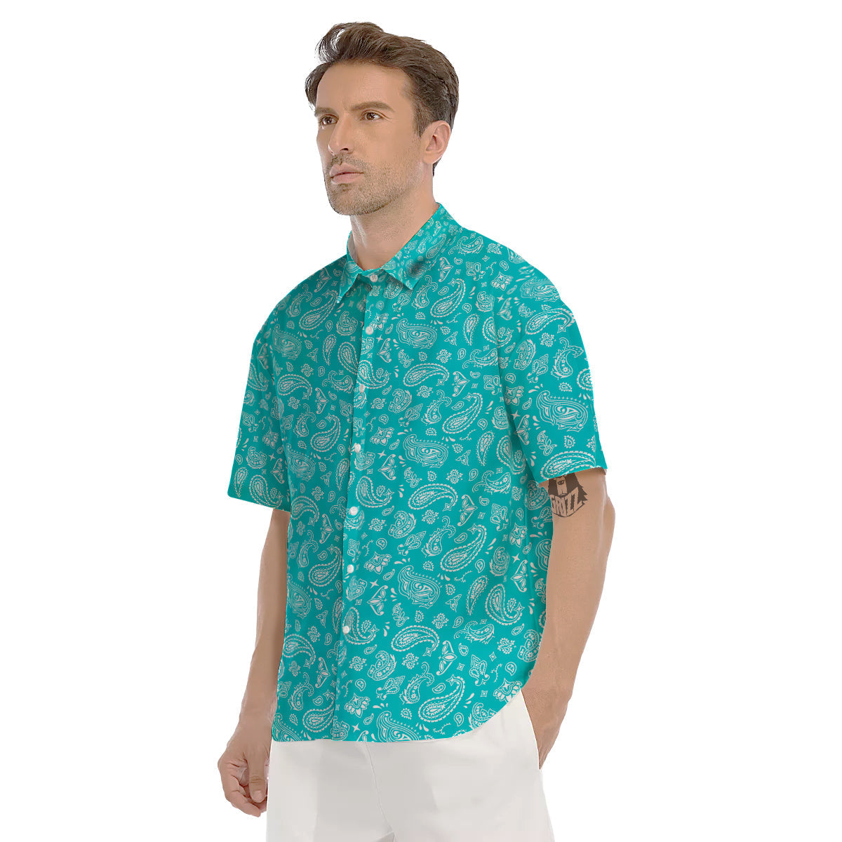 Turquoise Paisley Bandana Print Men's Short Sleeve Shirts-grizzshop